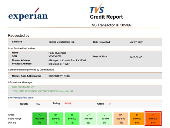 Tenant Verification Service Credit Report